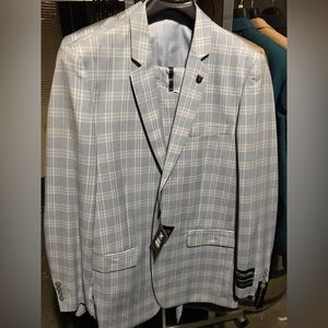 Men's Light Blue 3 Piece Plaid Suit